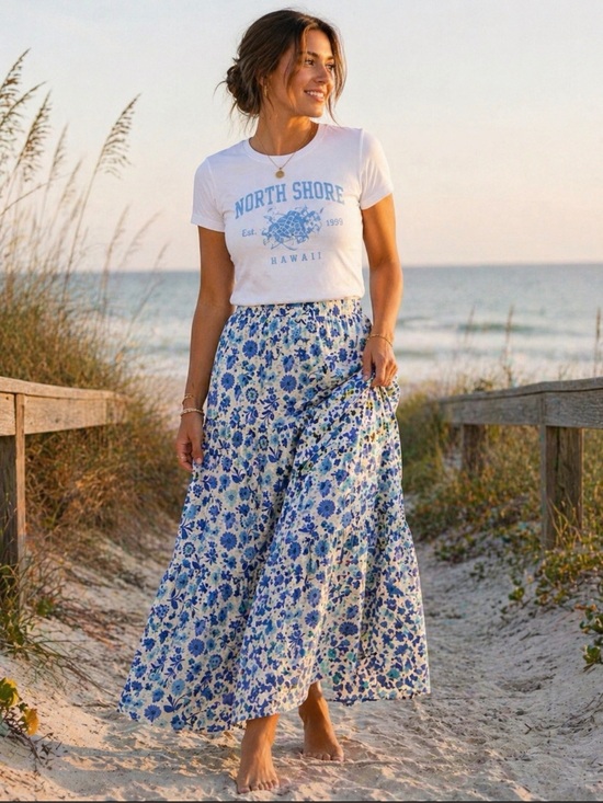 Les Amis Dresses & Skirts - Les Amis Blue White Floral Tiered Maxi Skirt Boho Coastal Summer ~ Size L ~ NWOT